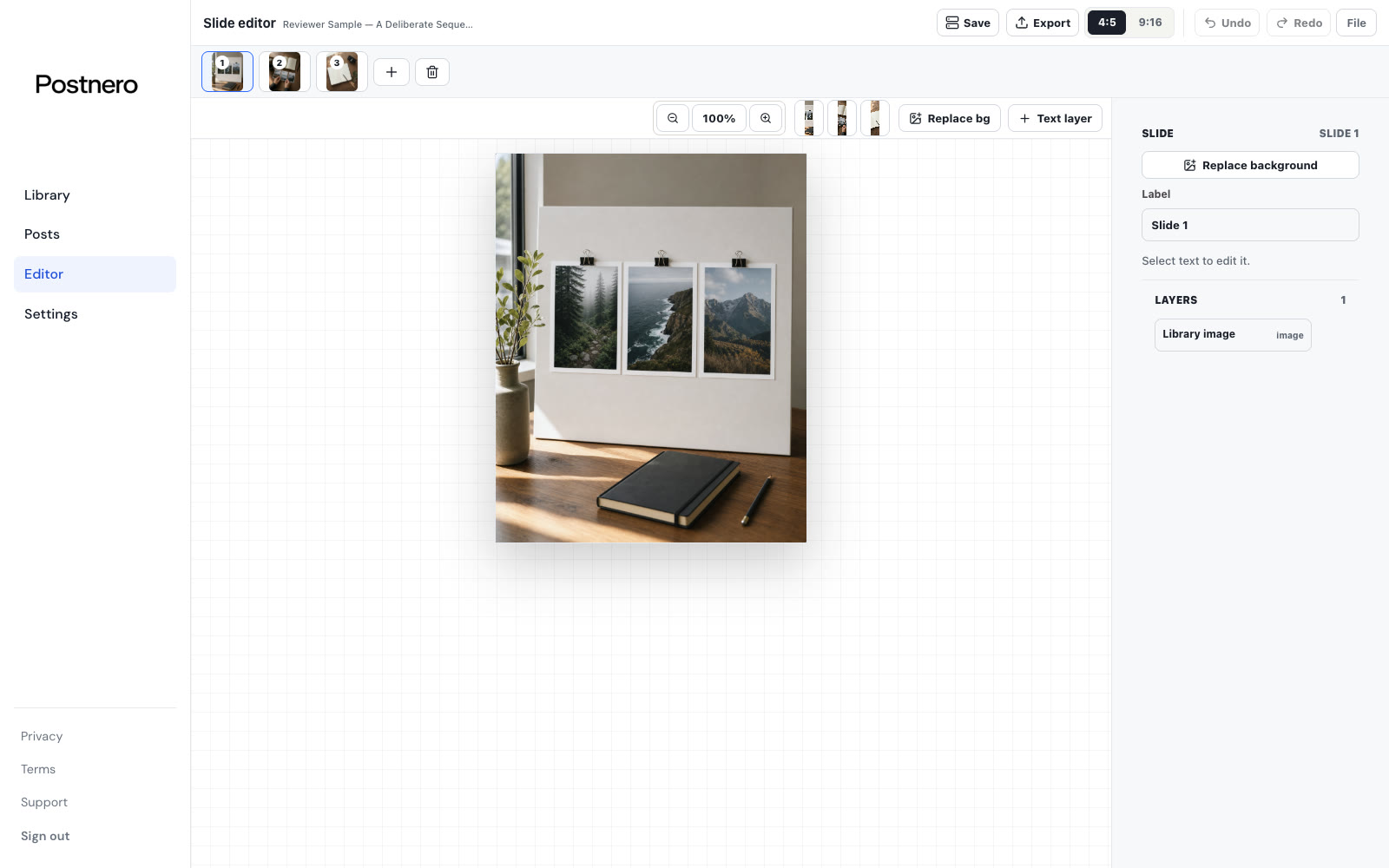 A rendered carousel slide in Postnero