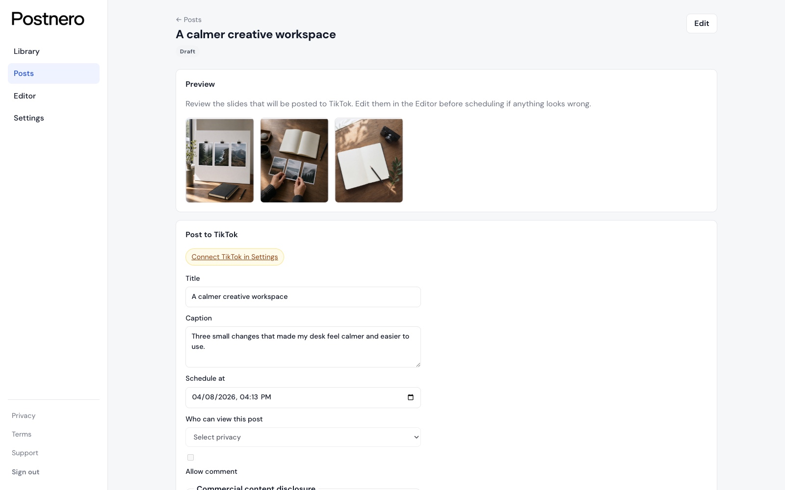 Postnero publishing preview with account, schedule, privacy, and disclosure controls